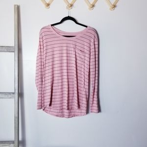 ANA PINK WITH RED STRIPES LONG SLEEVE POCKET TEE SIZE LARGE